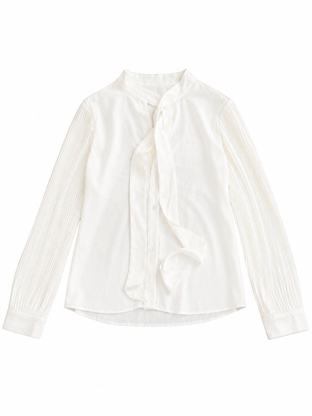 Tie-Neck Cream Blouse with Pleated Sleeves